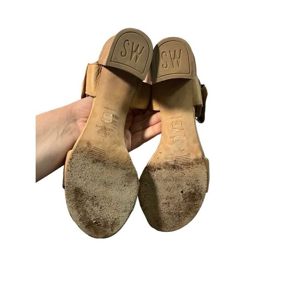 Stuart Weitzman Leather Nude Strappy Chunk Heel Sandal - Picture 11 of 16